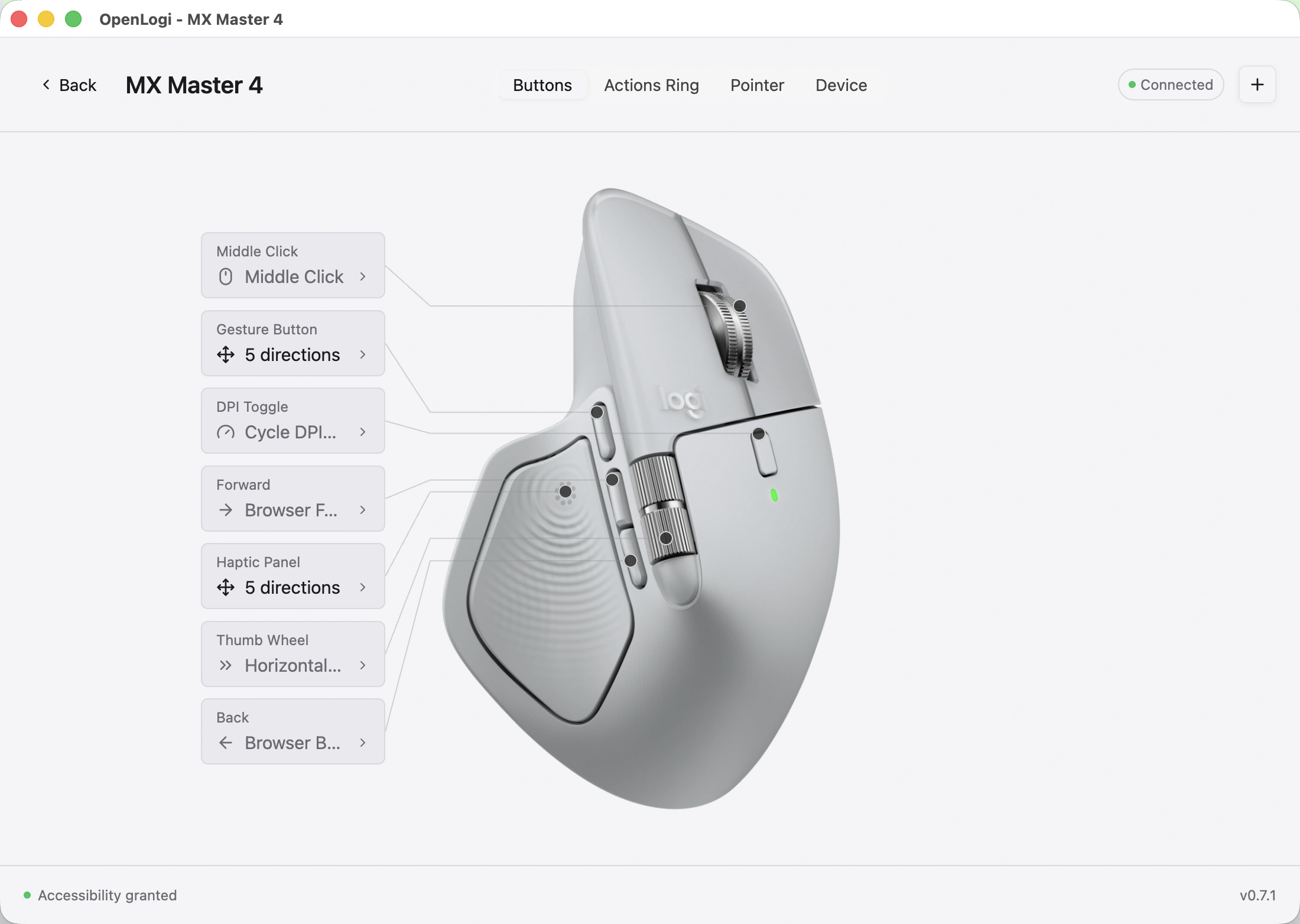 The OpenLogi app remapping an MX Master 4's buttons over HID++